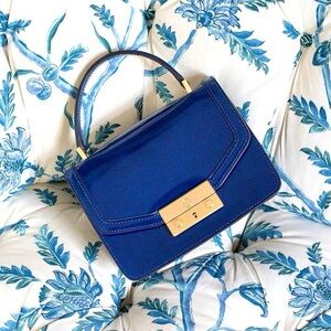 Tory Burch Juliette 2 Way Crossbody Satchel Navy Leather Patent Mini Clutch